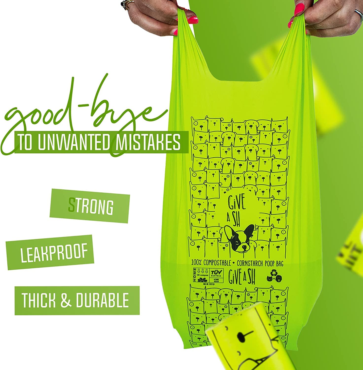 100% Certified Home Compostable Dog Poop Bags With Handles - 10% To Charity - Astm D6400 & En 13432 Compliant - 120 X Plant Base